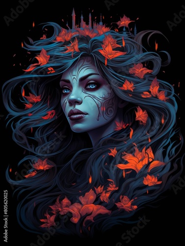 Woman's Face Adorned with Purple Blossoms and Flames