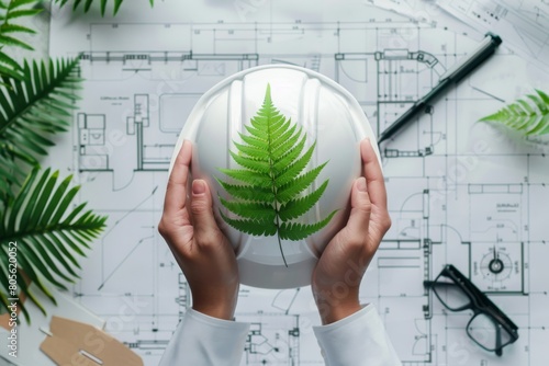 Top view of an engineer holding a white helmet with a green fern leaf on a blueprint construction plan against a background of a sustainable building concept. photo