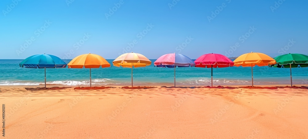 Naklejka premium Vibrant umbrellas along coastal landscape. Row of colorful umbrellas on beach. Concept of sunshade, seaside leisure, family vacation, and tourist spot. Banner. Space for text