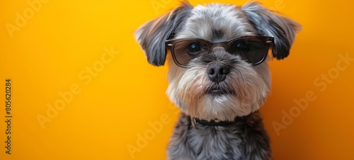 Fashionable Silky Terrier wearing stylish glasses against a yellow background. Dog with eyewear. Concept of pet intelligence, animal fashion, trendy dog accessories. Banner. Copy space photo