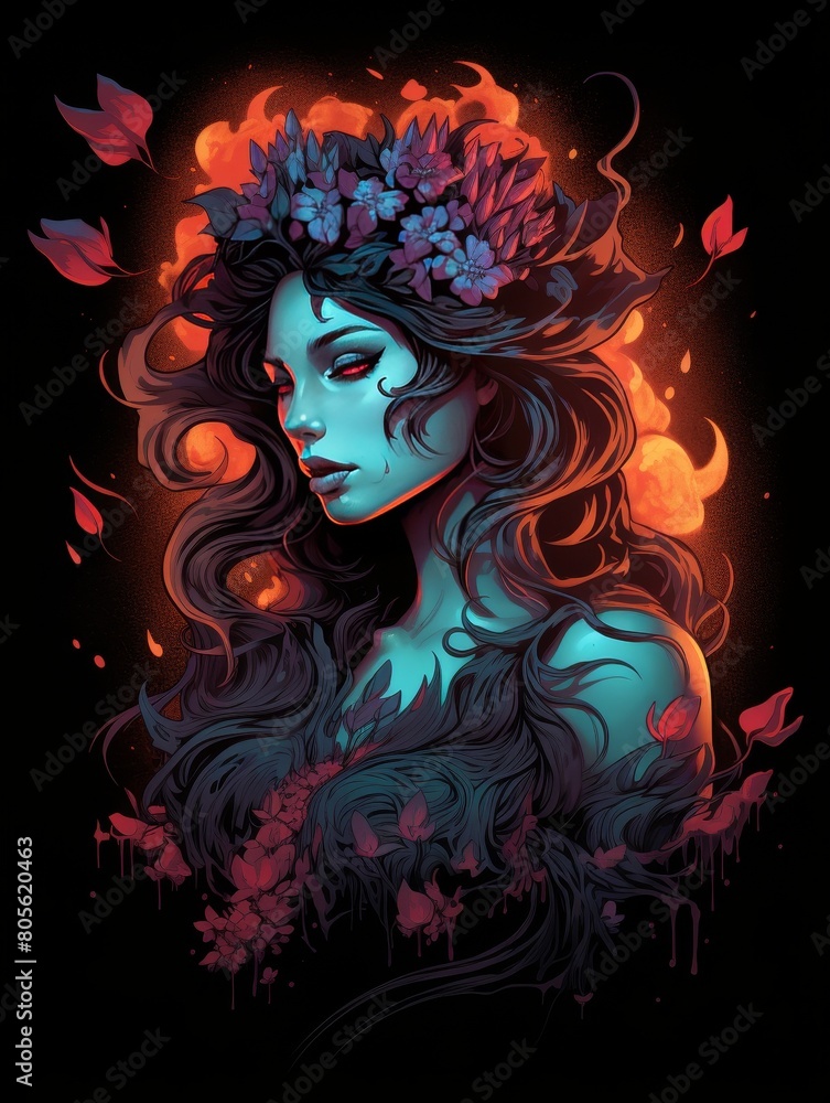 Woman's Face Aglow with Purple Blossoms and Fire