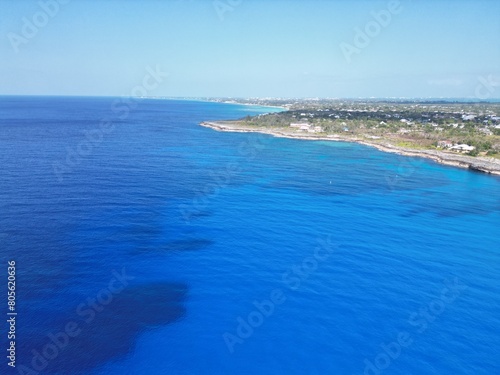 Aerial view of Bodden Town Pedro St James Savannah with iron shore community pristine blue turquoise water of the Caribbean sea ocean, Grand Cayman, Cayman Islands