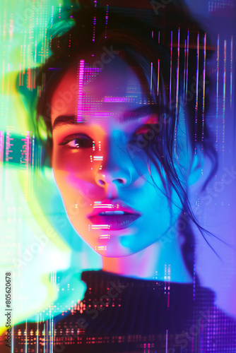 beautiful female fashion model in colorful neon digital cybernetic distortion with modern futuristic vibe