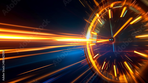 dynamic clock face with radiant speed light trails with concept of time travel speeding up