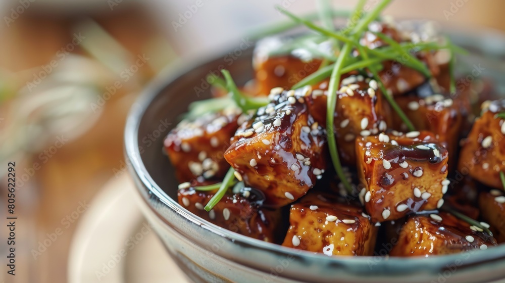 Delicious sweet and spicy sesame tofu close-up Delicious sweet and spicy sesame tofu close-up