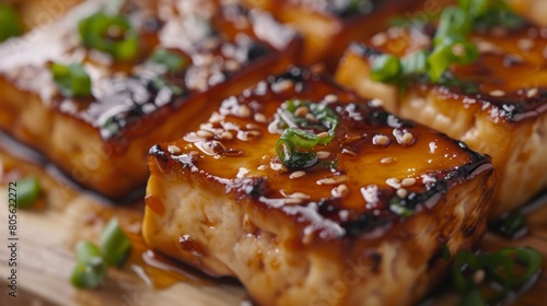 Delicious glazed tofu steaks with sesame and green onions close-up