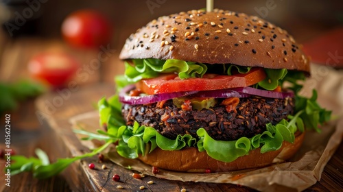Gourmet vegan burger with fresh vegetables and multigrain bun