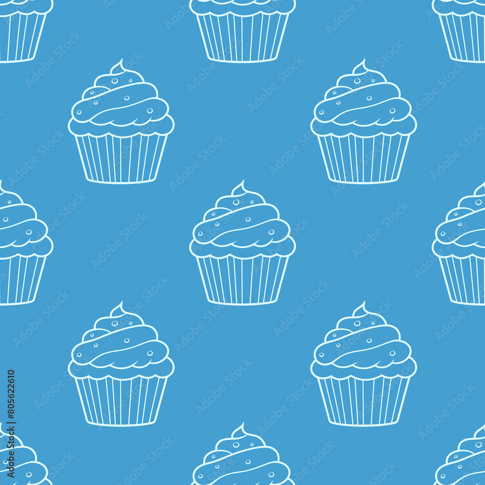 Cute pattern with sweet cupcakes on a blue background.Doodle background Cute pattern with sweet cupcakes on a blue background.Doodle background