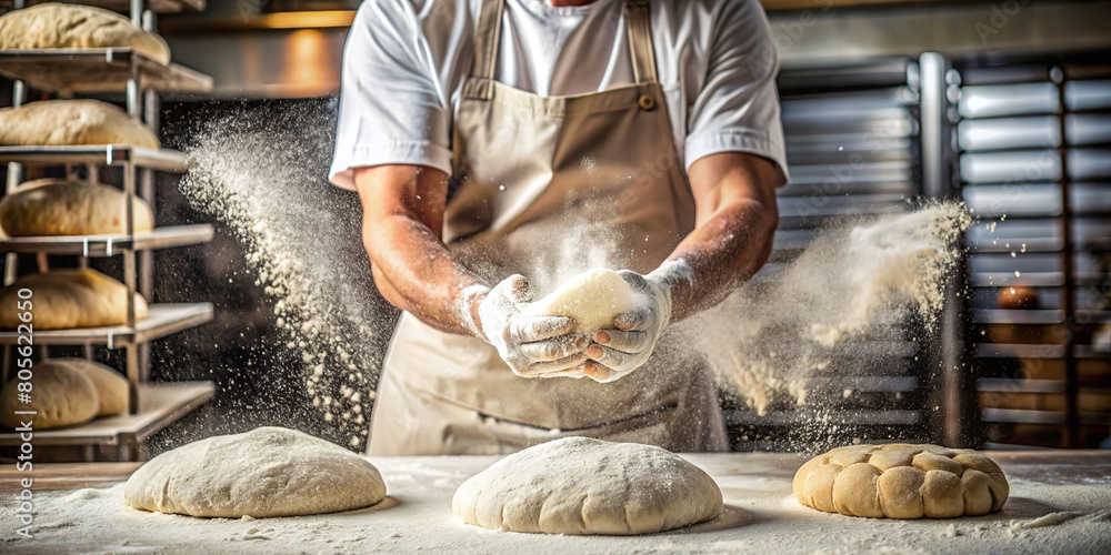 Baker at work, kneading the dough and shaping the buns, spreading and sprinkling with sesame seeds