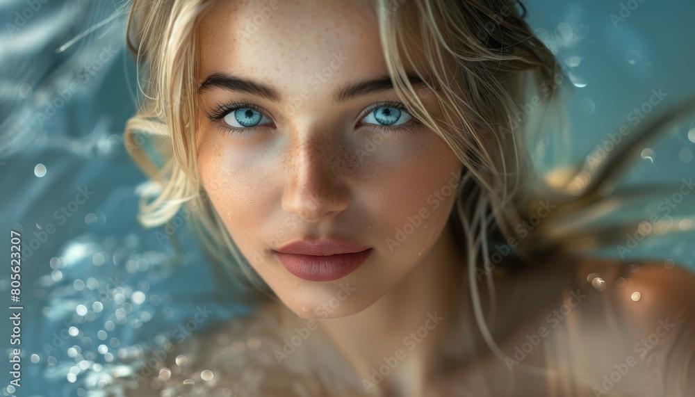A woman with blue eyes and blonde hair is in a pool A woman with blue eyes and blonde hair is in a pool