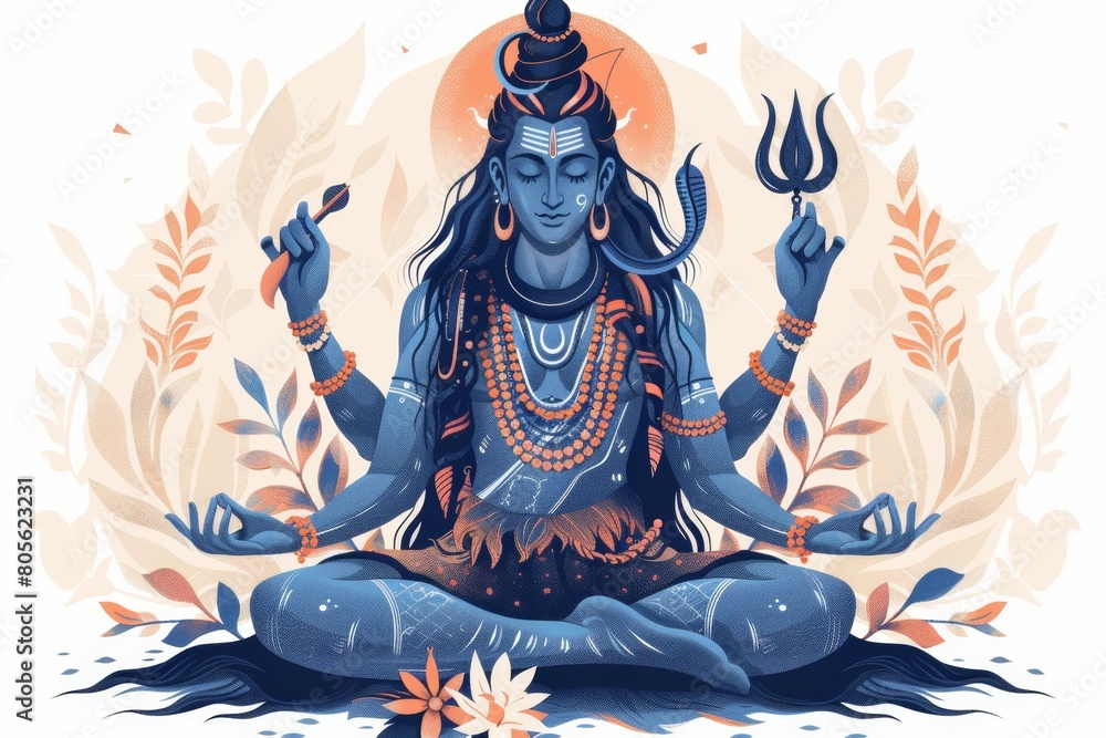 A blue and orange drawing of a man in a lotus position