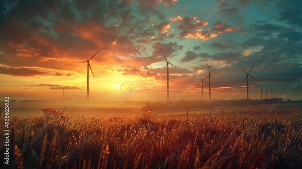 Digital Green Energy: Wind Turbines at Sunset