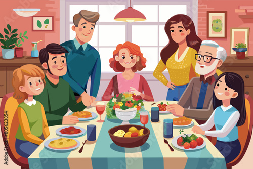 Illustration of a multi-generational family celebrating over dinner, including adults, children, and elderly, with a festive table setting and decorative floral background.