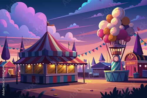 Vibrant illustration of a carnival scene at dusk with a striped ticket booth in the foreground, Ferris wheel and festoon lights in the background, all rendered in a purple and pink color palette.