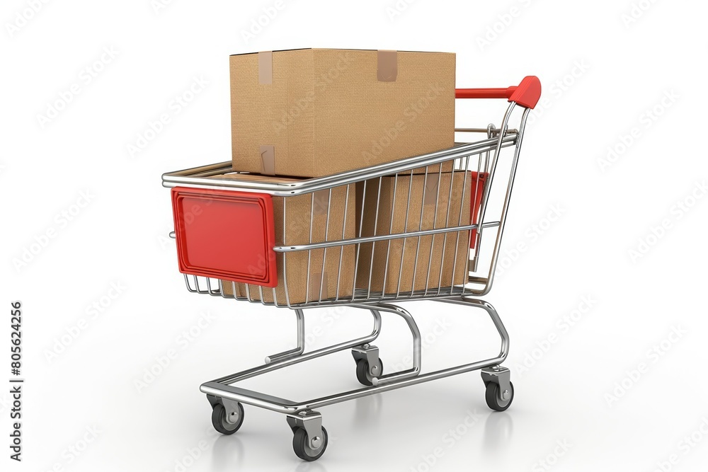 A shopping cart is full of boxes and has a red handle A shopping cart is full of boxes and has a red handle