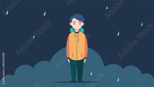 A torrential downpour does not deter the stoic individual who remains rooted in their unwavering composure.. Vector illustration