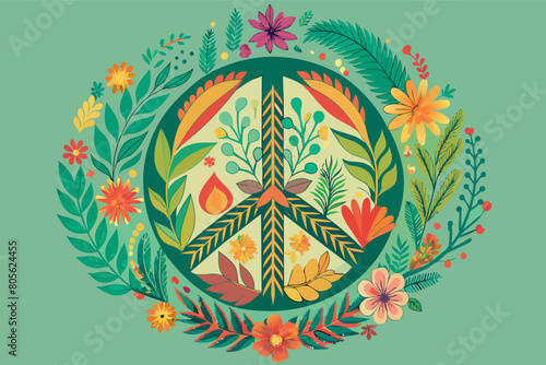 Colorful illustration of a peace symbol surrounded by a wreath of various flowers and leaves on a teal background.