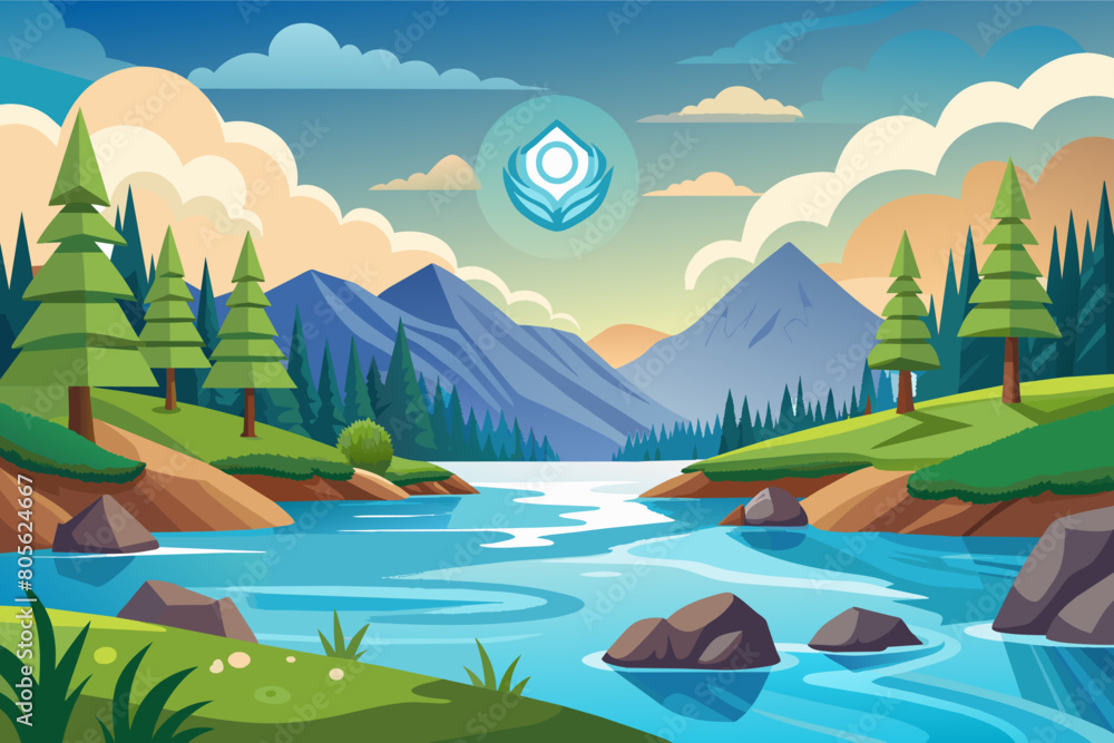 Colorful, stylized illustration of a serene river flowing through a mountainous landscape with lush green trees and large rocks, under a sky with fluffy clouds and a geometric emblem floating above.