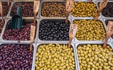 Variety of olives on Kapani Market in Thessaloniki city, Greece