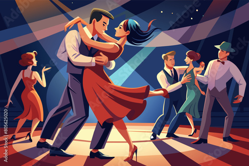 Illustration dance hall scene with two couples dancing. In the foreground, a man and a woman are dancing closely, the woman's red dress flowing as she dips. Another couple dances in the background