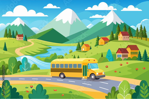Illustration of a yellow school bus driving on a road through a colorful rural landscape with mountains, houses, trees, and a river.