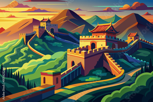 Colorful illustration of a stylized Great Wall of China winding through a lush, green mountainous landscape with traditional pagoda-style towers and distant mountains.