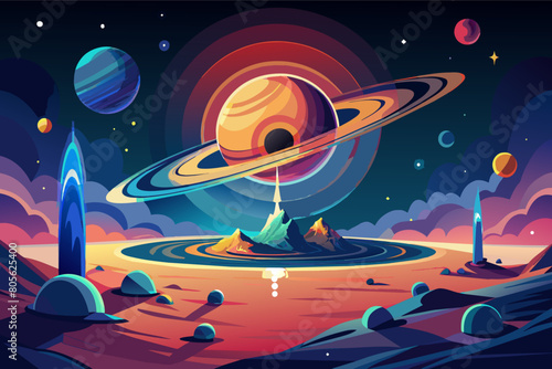 Colorful illustration of an outer space scene featuring planets with rings, a vibrant nebula, and a rocket launching from the surface of a rocky alien planet.