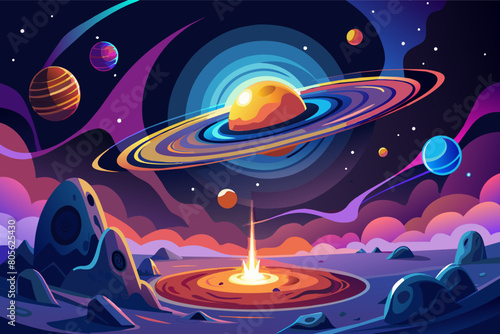 Colorful illustration of an outer space scene featuring planets with rings, a vibrant nebula, and a rocket launching from the surface of a rocky alien planet.