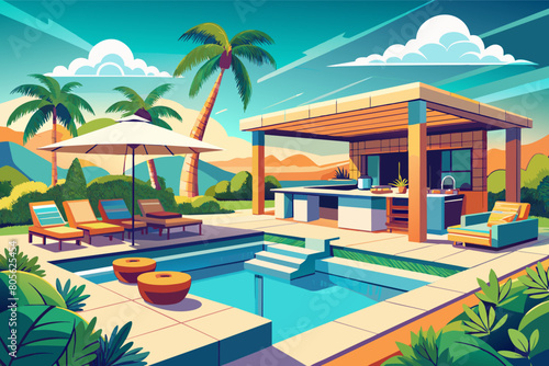 Illustration of a luxurious backyard with a swimming pool, a small house, sun loungers under an umbrella, dining area, and lush greenery with mountains in the background.