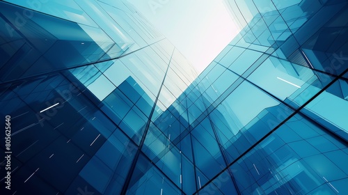 Abstract blue angular glass facade reflections. Dynamic architectural photography style