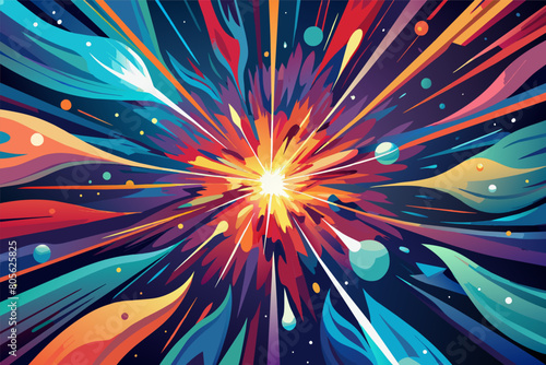 Colorful abstract illustration of an explosive burst of light with splashes of blue, orange, and pink hues, accompanied by floating circles and streaks.