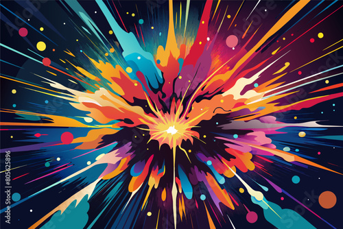 Colorful abstract illustration of an explosive burst with streaks of blue, orange, and red emanating from a central bright light, set against a backdrop featuring stylized clouds and floating orbs.