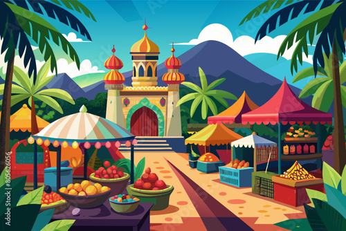 Colorful illustration of a vibrant outdoor market scene with stalls filled with fruits and textiles  set against a backdrop of a majestic temple with golden domes and lush green palm trees.