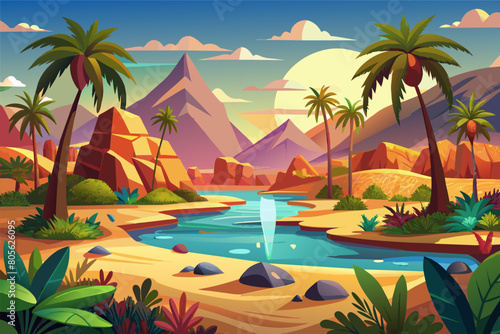 Colorful cartoon illustration of an oasis in a desert with palm trees, a small waterfall, and pyramid-like mountains in the background under a clear sky.