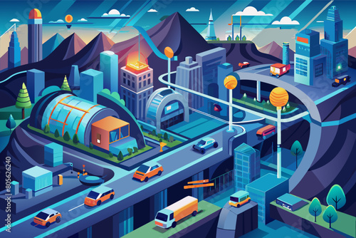 Illustration of a vibrant, isometric cityscape featuring colorful, futuristic buildings, curved roads with vehicles, a looped transit system, and scattered greenery under a night sky. photo