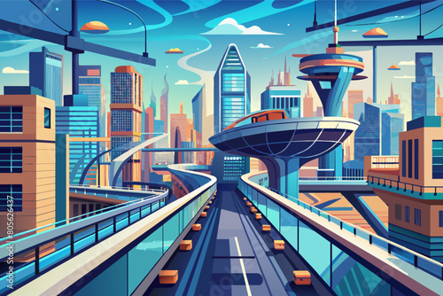 Vibrant illustration of a futuristic cityscape with an elevated train gliding along curving tracks, surrounded by tall, stylized skyscrapers, a circular building, and busy roads with cars