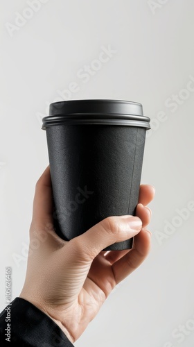 Person holding a black disposable coffee cup with a lid. Studio photography with copy space for design and print.