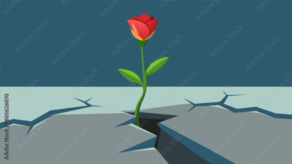Fototapeta premium A wilting flower bud breaking through the cracks of a sidewalk symbolizing growth and renewal after a devastating loss.. Vector illustration