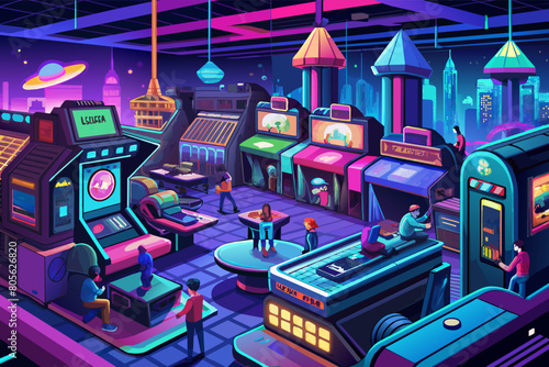 Colorful illustration of a futuristic arcade setting with neon lights featuring various gaming machines and people engaged in playing.