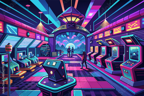 Colorful illustration of a futuristic arcade setting with neon lights featuring various gaming machines and people engaged in playing.