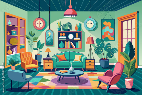 illustration of living room with mid-century modern furniture, including a teal sofa, yellow armchair, and pink lounge chair, surrounded by various plants, a geometric rug, wall art