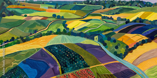 Bird's Eye View of Abstract Colorful Agricultural Farm Fields Painting