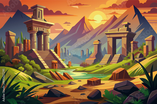 Ancient ruins landscape at sunset, featuring Roman columns, Egyptian pyramids, and Mesopotamian ziggurat structures, set against a vivid sky with a setting sun and mountain backdrop.