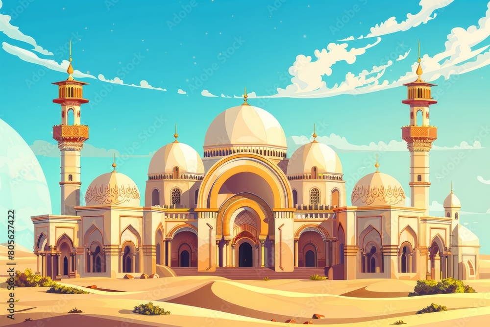 A detailed painting of an Arabian desert palace with ornate arches and a domed roof standing alone in the vast desert landscape under a clear blue sky