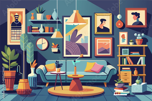A colorful, retro-styled living room illustration featuring multiple framed artworks on the walls, stylish furniture including a blue sofa and a green armchair, and various houseplants