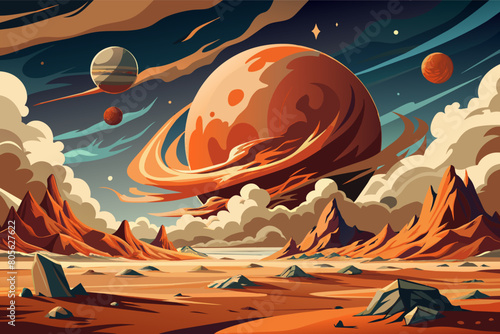 Illustration of a dramatic alien landscape with giant planets visible in the sky, some with rings and multiple moons. The scenery includes rocky terrain with large pointed rocks and orange clouds
