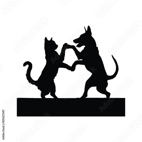 Silhouette of cat and dog on white background enjoy dancing