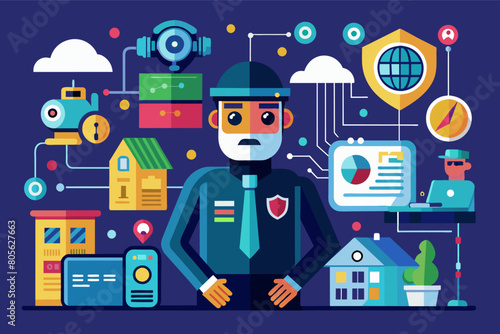 illustration of digitally connected smart city scene including a security officer with a laptop, houses, a car, and various digital icons representing security and technology such as shields