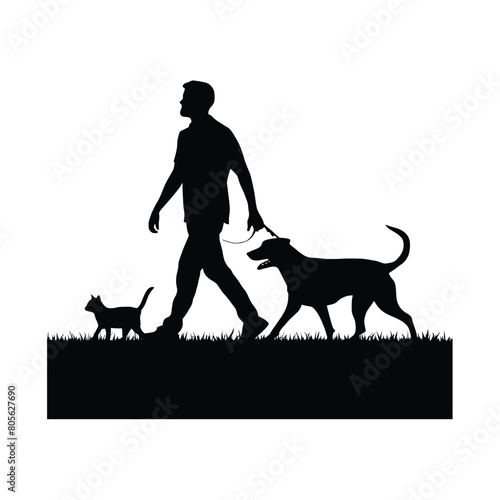 Silhouette of cat and dog on white background man walking cat and dof