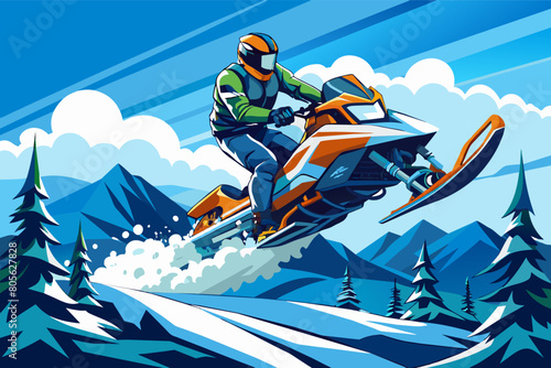 Illustration of a person riding a snowmobile at high speed over a snow-covered landscape, with pine trees and mountains in the background, depicted in a vibrant, graphic style with blue tones.